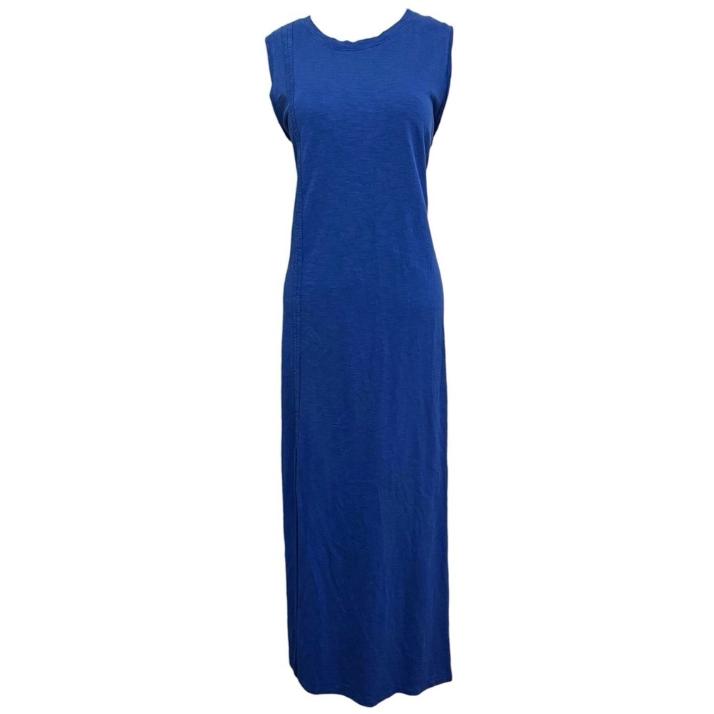 Chico’s Blue Burnout Sleeveless Maxi Dress Size 12-14 Side Slit Cotton Blend